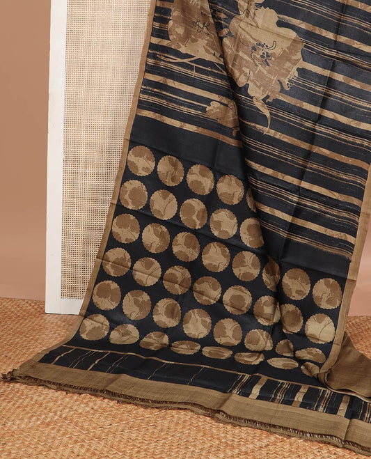 Brown striped printed silk saree with contrast border & round motifs pallu
