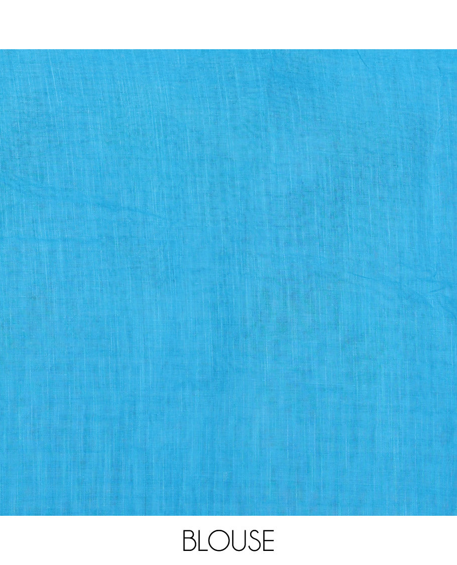 Borderless Blue Linen Cotton Saree, Bedecked with Micro-Checks and Pichwai Lotus Print, a Subtle Pallu, and a Matching Blouse