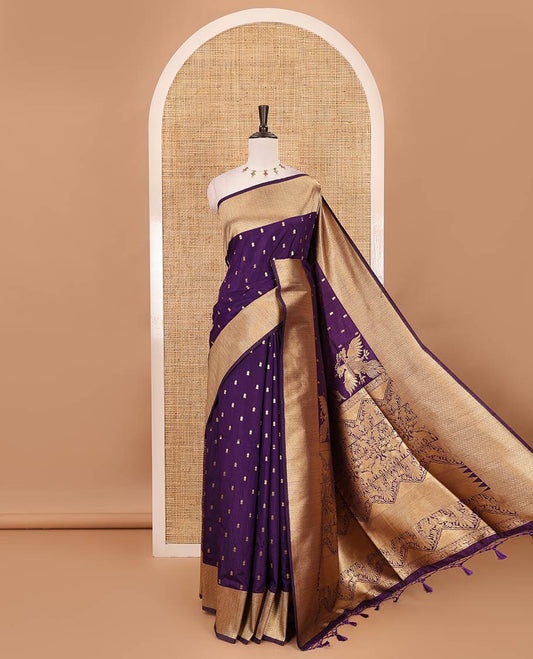 Purple zari buttas dola silk saree, vanki zari border, checked blouse & pallu of iruthalai pakshi, kuthirai, kili & yaanai designs