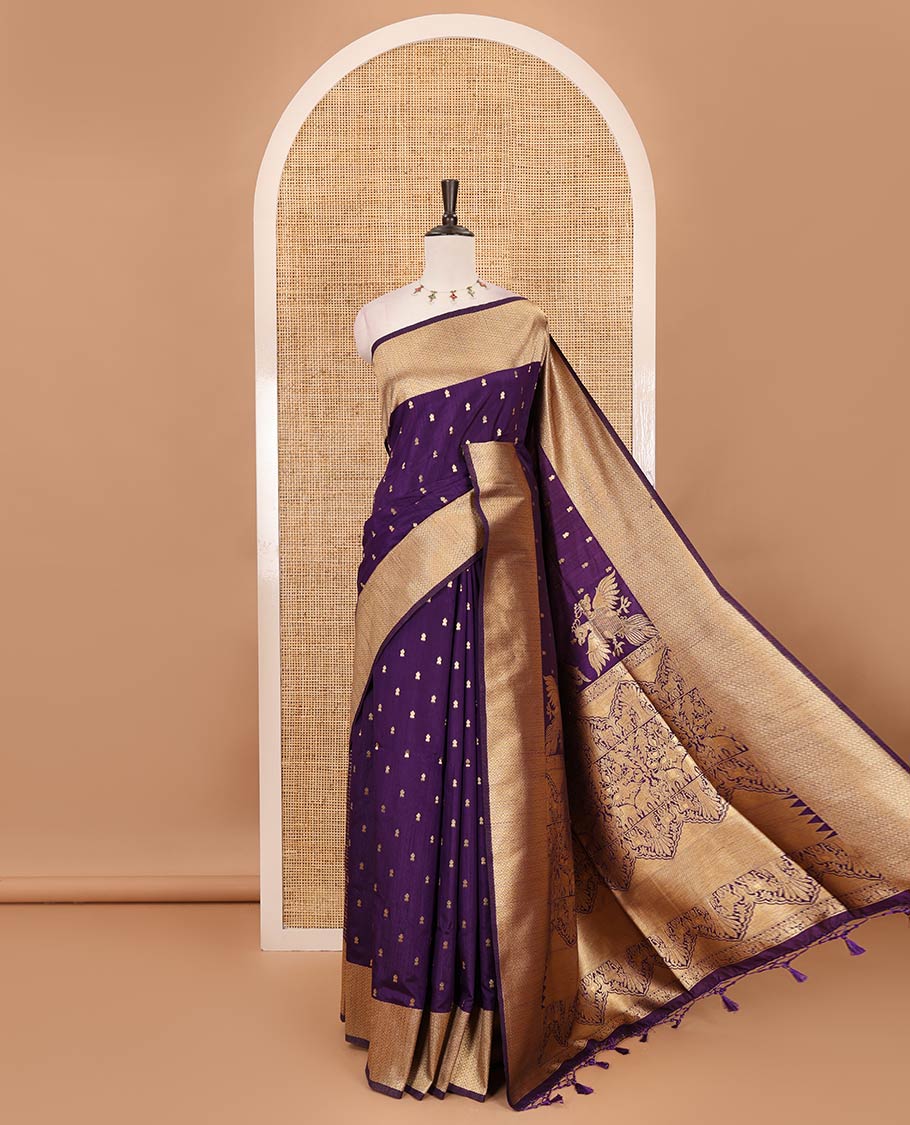 Purple zari buttas dola silk saree, vanki zari border, checked blouse & pallu of iruthalai pakshi, kuthirai, kili & yaanai designs