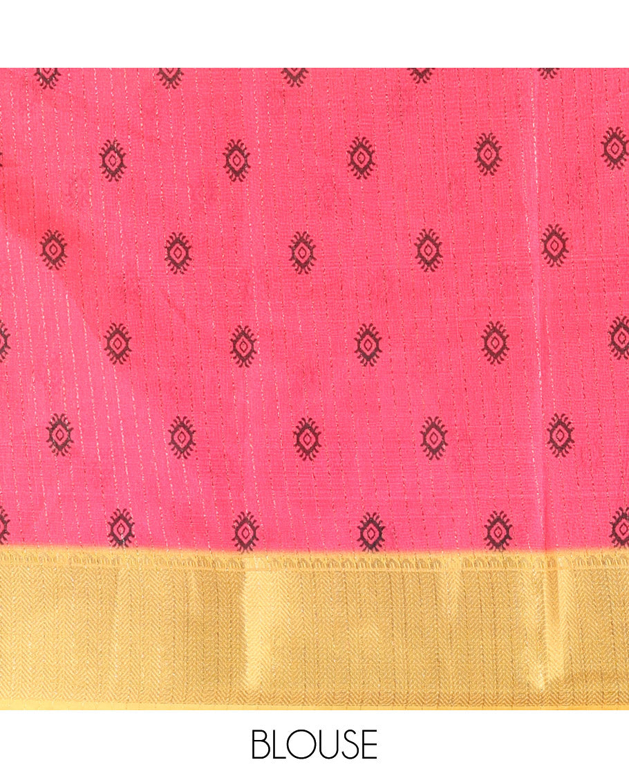 Black vertical striped and polka dotted lines dola silk saree, contrast ganga-jamuna traditional zari border, striped pallu, and a contrast blouse of print and zari work