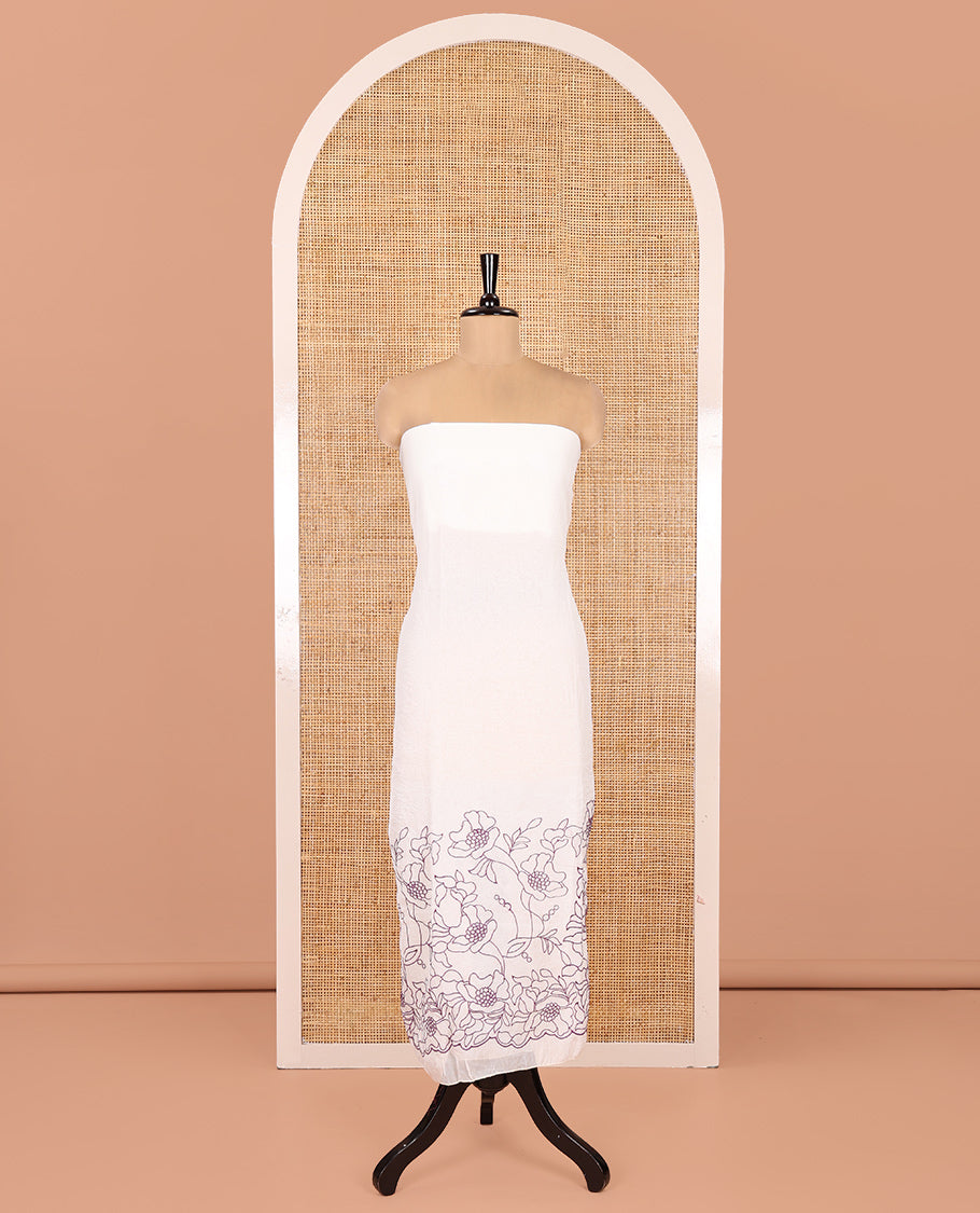 Cream-Lavender Organza Material Chudidar, Floral Thread Embroidery Top, Contrast Bottom, and Embroidered Scallop Dupatta