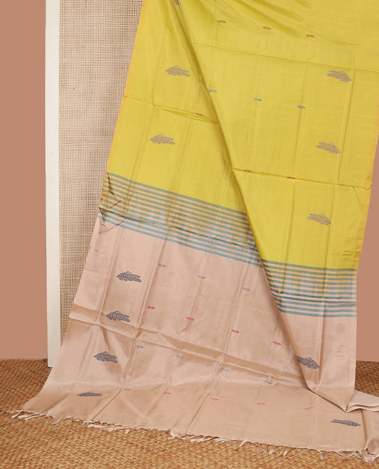 Borderless Yellow Banana Pith Saree, Mesmerized with Butterfly Buttas All Over Its Body, Complemented by a Contrast Pallu Features Butterfly Buttas, and Paired with a Contrast Blouse
