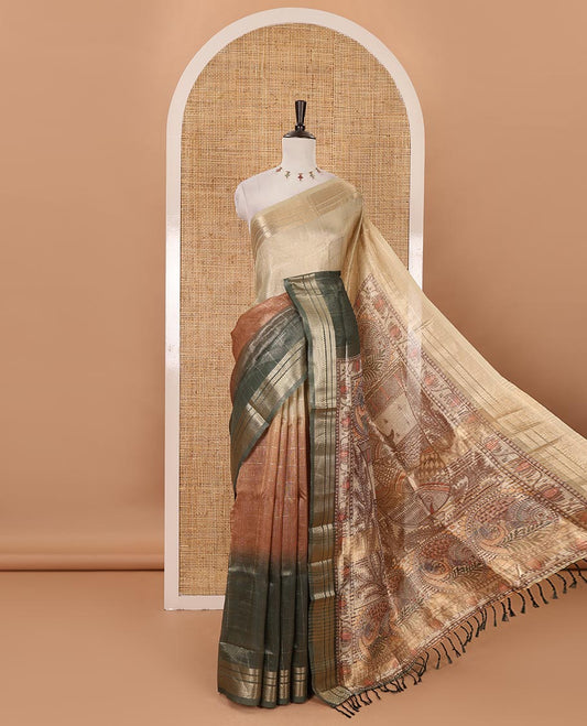 Brown-ombre zari checked tissue saree, gold zari design border, Madhubani-style digital printed pallu & Madhubani printed blouse