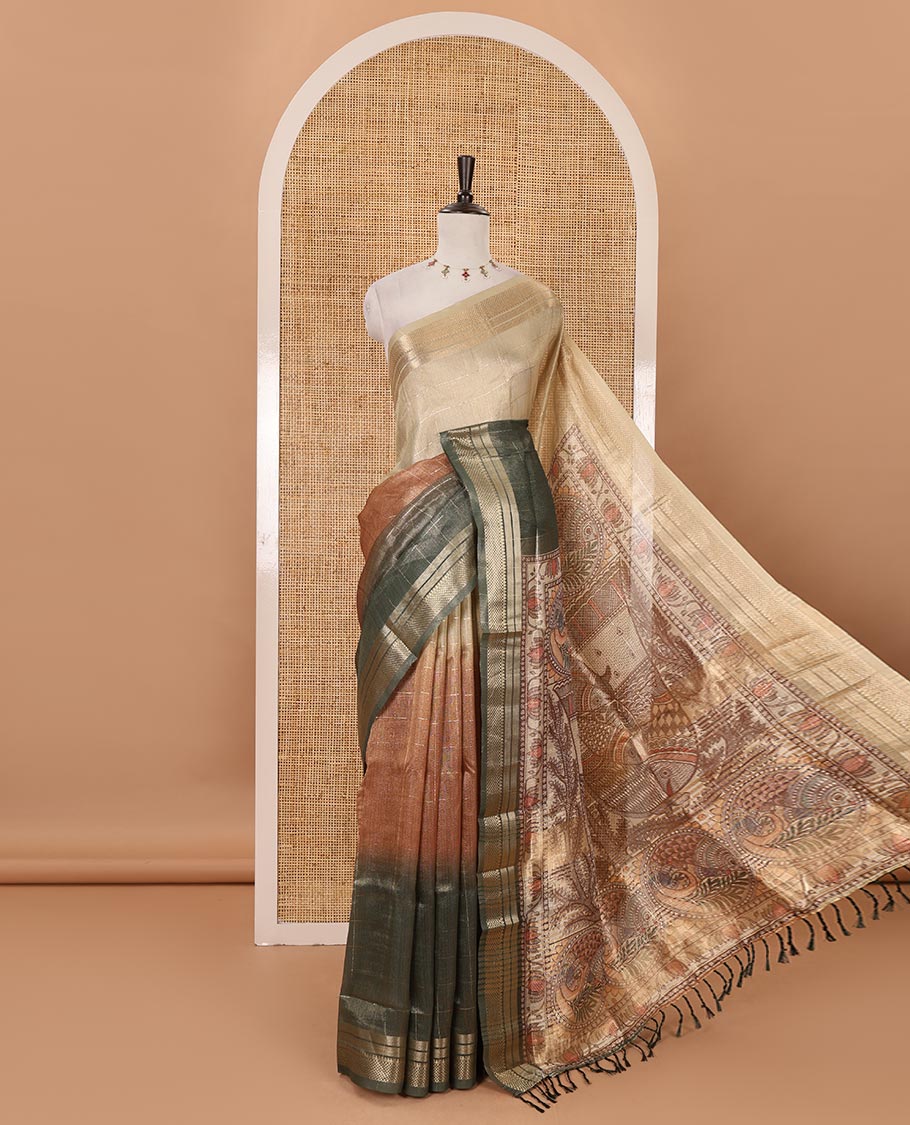 Brown-ombre zari checked tissue saree, gold zari design border, Madhubani-style digital printed pallu & Madhubani printed blouse