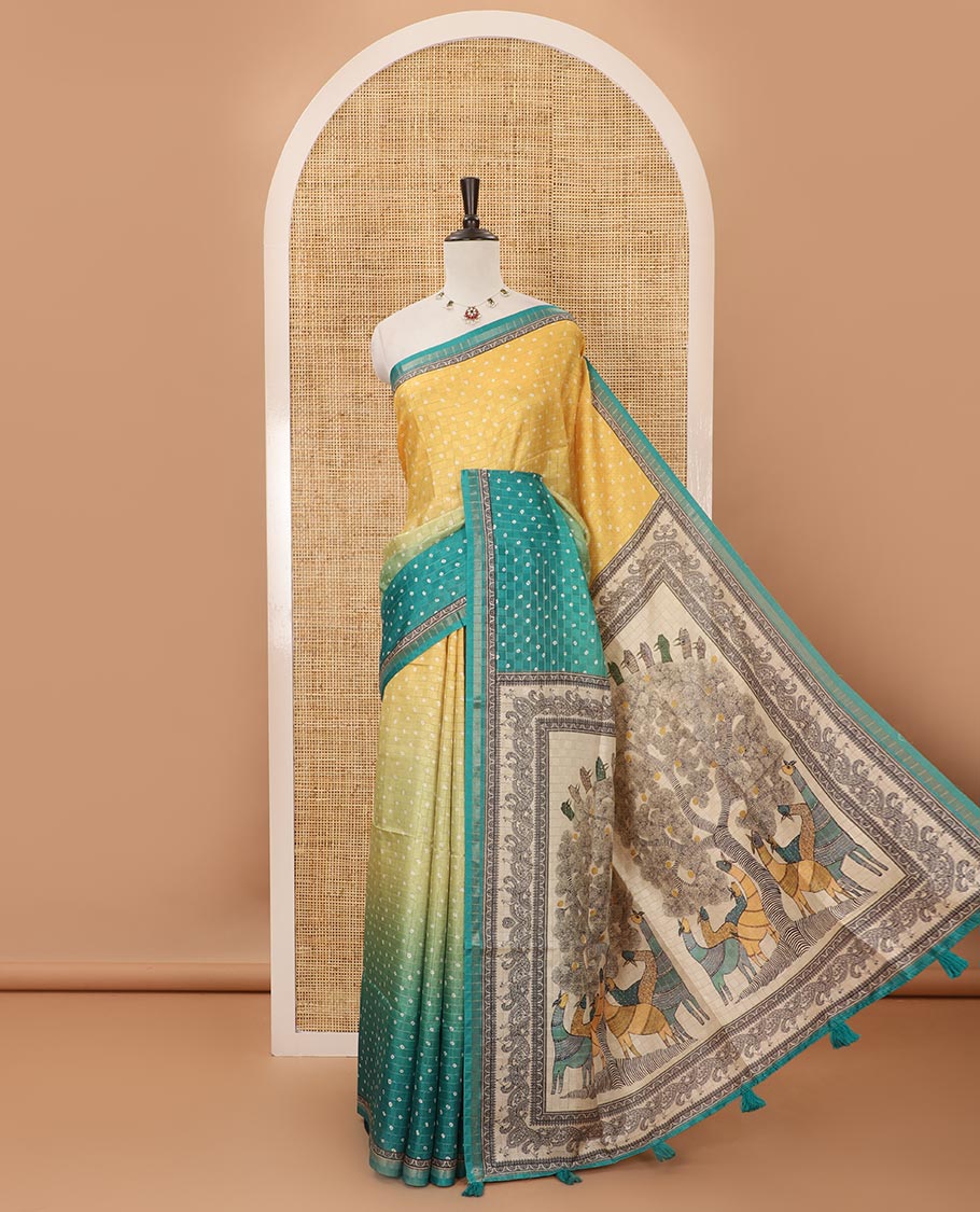 Multi-color ombre-style dyed bandhani dots print checked khadi tussar saree,piping printed border,flora-fauna printed pallu & contrast printed blouse