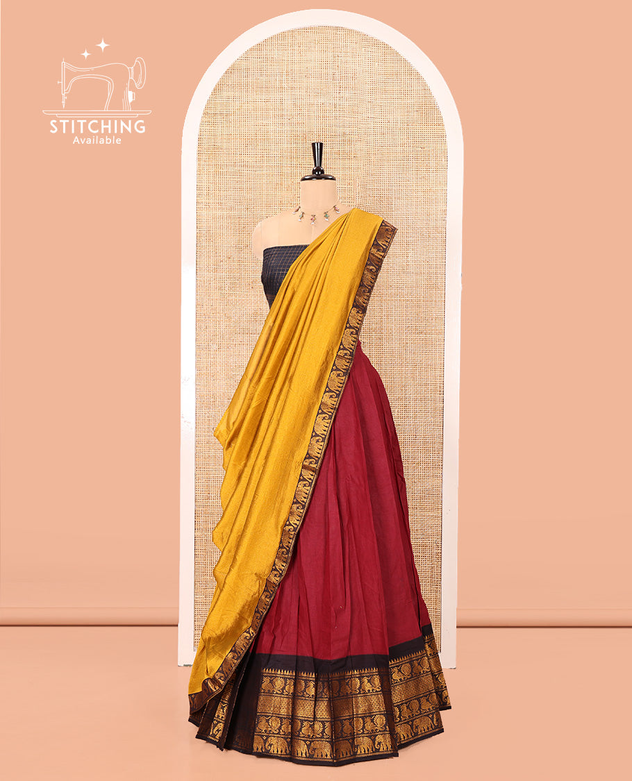 Maroon and Black Plain Sungudi Cotton Half-saree, Complemented by Captivating Contrast Traditional Zari Border of Temple, Peacock, and Elephant Designs, Paired with a Contrast Zari Checked Blouse, and Comes with a Zari-Bordered Vichitra Silk Dhavani