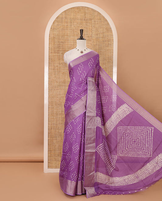 Violet Bandhani motifs printed viscose moss chiffon saree, zari design border, shibori-style pallu & blouse of zari & print work