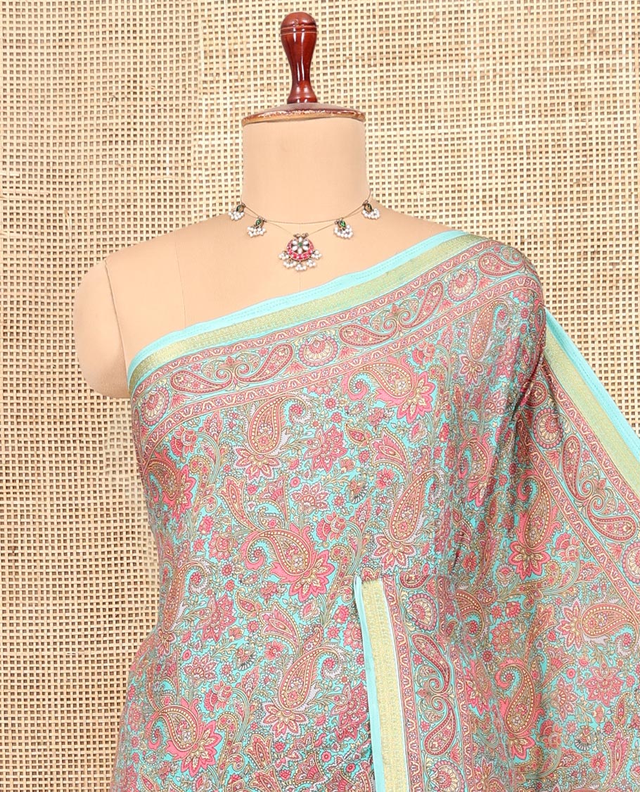 Blue Floral-Paisley Printed Silk Saree, a Traditional Border, Floral Pallu, a Matching Blouse