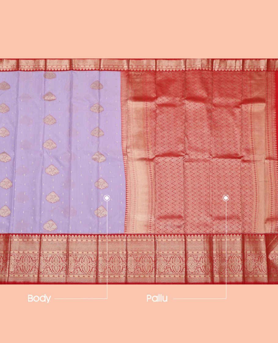 Lavender Budget Silk Saree, Prettified with Zari Buttas on Its Body, Complemented by a Contrast Traditional Zari Design Border, Grand Jaal Pallu, and Paired with a Contrast Blouse
