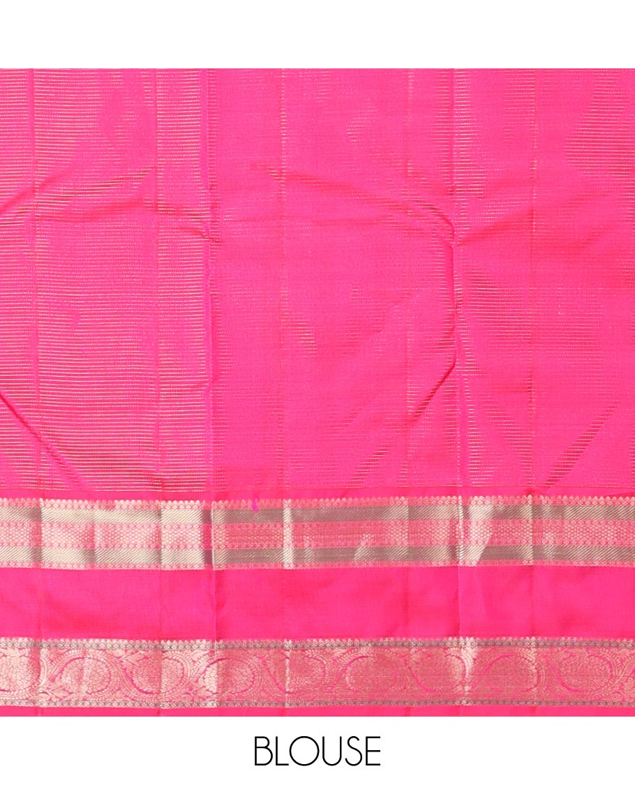 Pink checked silk saree with contrast border of thilakam mokku, banaras, kuyil kann, poo chakram design & jaal design pallu
