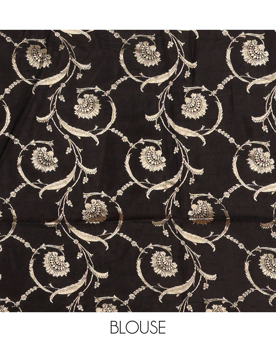 Mustard plain Banarasi tissue silk saree, contrast traditional zari peacock border, zari striped pallu & floral jaal jacquard black blouse