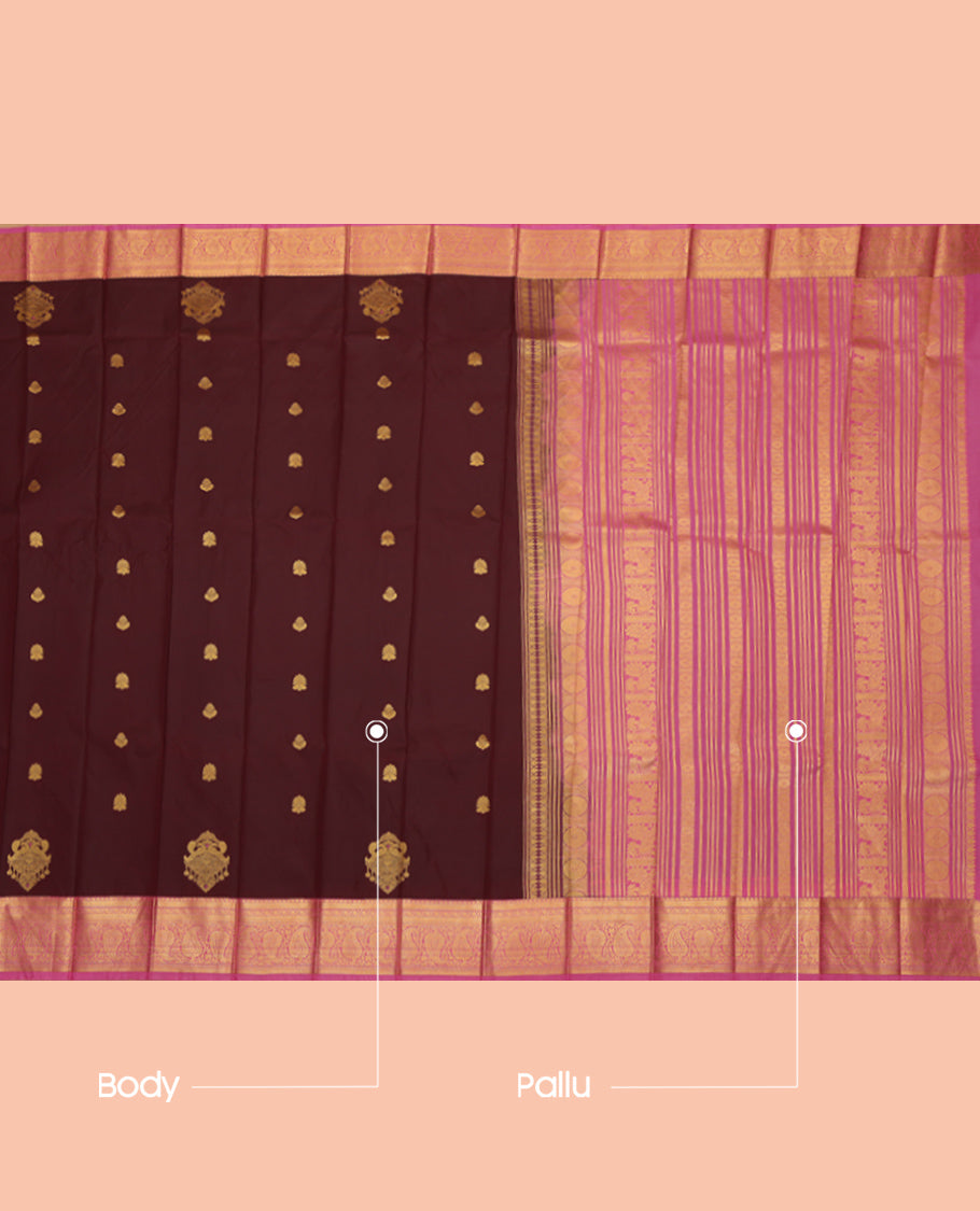 Maroon Budget Silk Saree, Elevated with Zari Buttas, Complemented by Contrast Traditional Zari Border, a Grand Pallu and a Contrast Blouse
