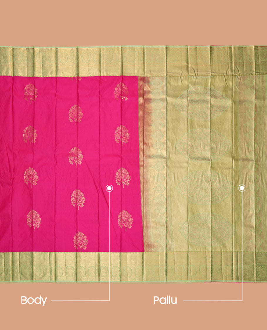 Rani Pink Budget Silk Saree, Bedecked with Zari Buttas, Contrast Traditional Zari Border, Grand Pallu, and a Contrast Blouse