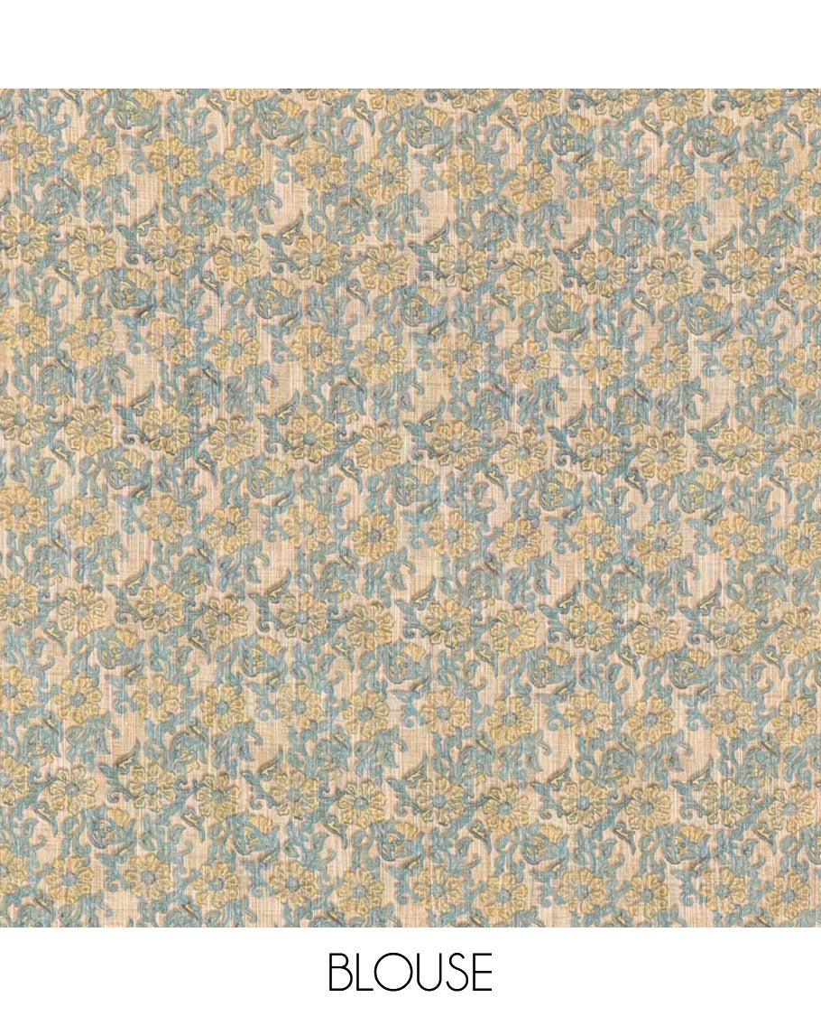 Borderless yellow batik printed linen cotton saree, hand brush painting style floral vine printed pallu, and contrast floral printed blouse