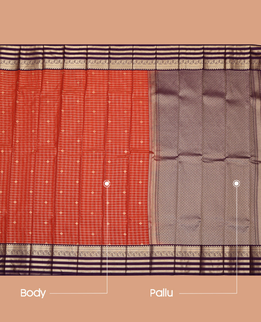 Dark Rust Budget Silk Saree, Finely Woven with Zari Buttas and Checked Design on Its Body, Complemented by a Contrast Traditional Zari Design Varisai Pettu Border, Pallu of Jaal Designs, and Paired with a Contrast Blouse