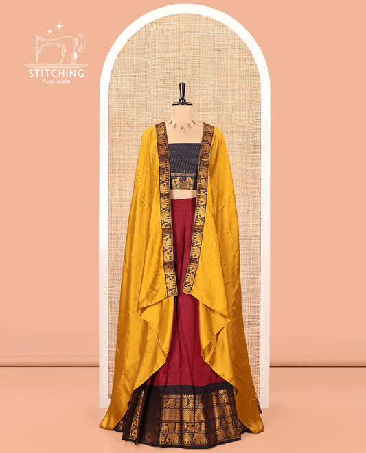 Maroon and Black Plain Sungudi Cotton Half-saree, Complemented by Captivating Contrast Traditional Zari Border of Temple, Peacock, and Elephant Designs, Paired with a Contrast Zari Checked Blouse, and Comes with a Zari-Bordered Vichitra Silk Dhavani