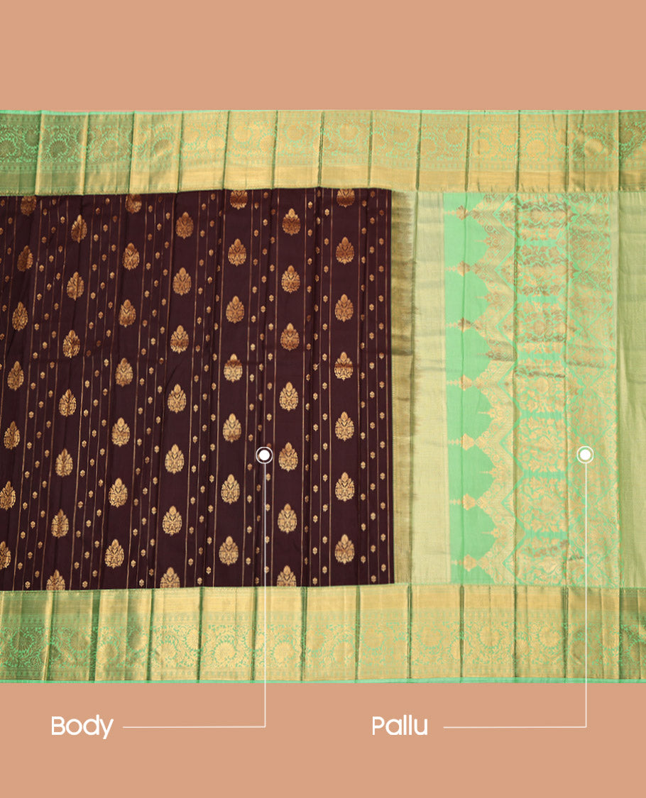 Brown Budget Silk Saree, Mesmerized with Zari Buttas and Stripes, Complemented by a Contrast Traditional Border, Grand Pallu, and a Contrast Blouse