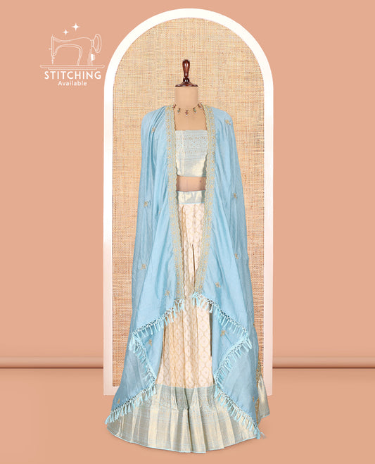 Cream-Sea Blue Semi-Silk Half-Saree