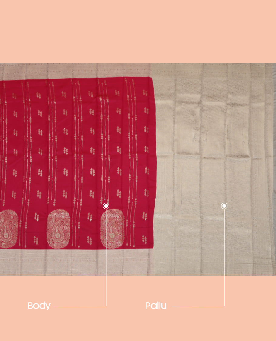 Red Litchi Saree, Detailed with Zari Buttas, a Contrast Traditional Zari Border, a Grand Pallu, and a Contrast Blouse