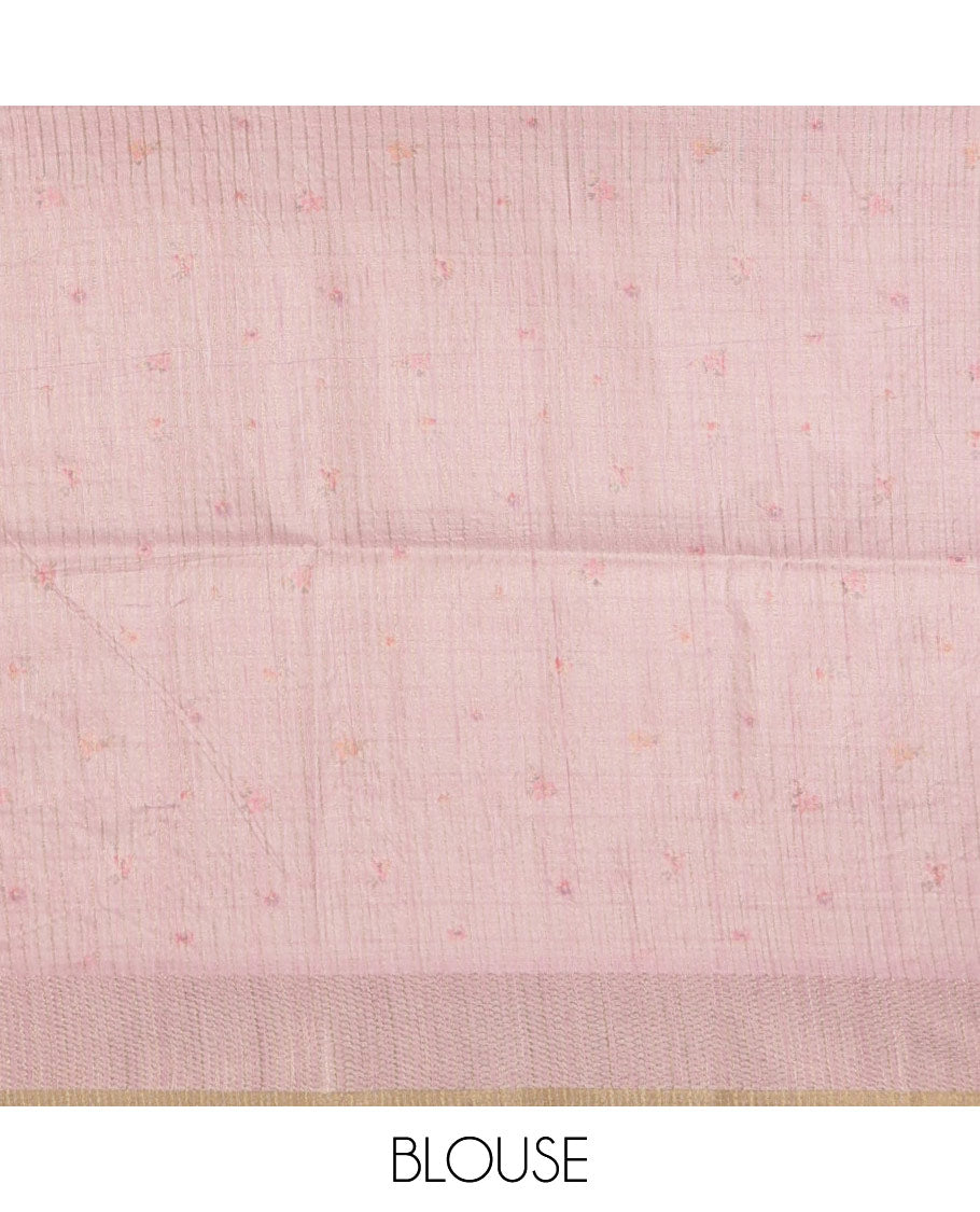 Pink Burberry checked & floral printed fancy tussar silk saree, zari woven border & zari checked pallu & matching blouse of striped & floral print