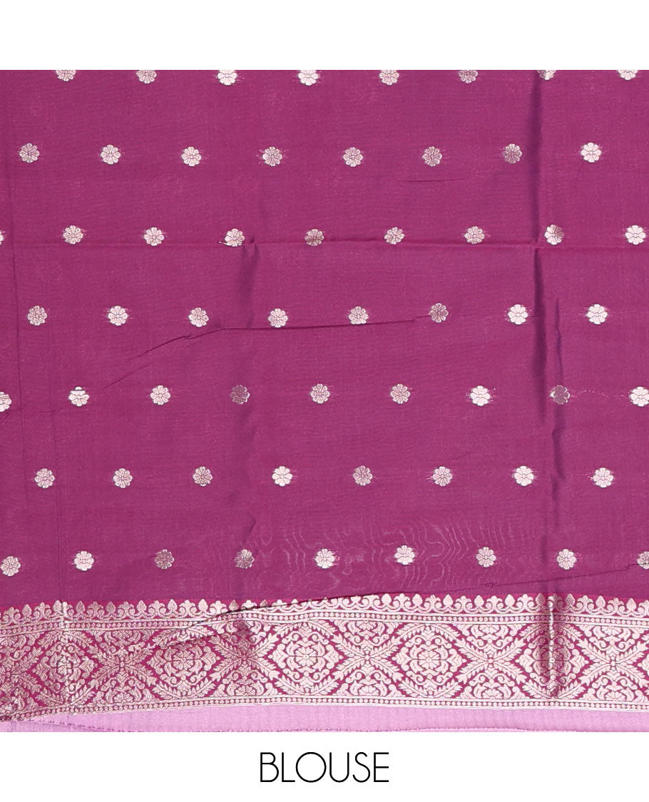 Lavender-purple floral buttas elite soft silk saree, contrast floral buttas border, and pallu of Mughal-style intricate zari designs