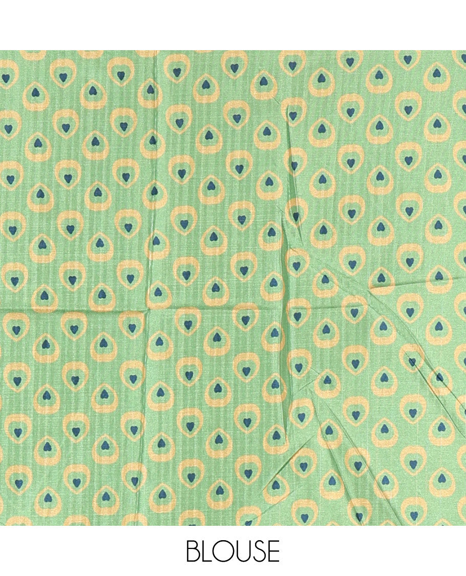 Parrot green peacock feathers motifs printed katan silk saree, peacock feathers printed border, contrast Radha Krishna stories printed pallu, and contrast printed blouse