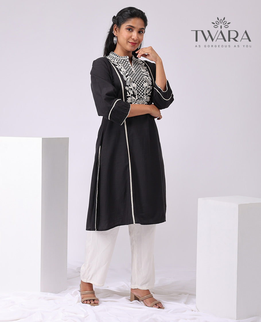 Black floral thread embroidery, v neck , 3/4 th sleeve, knee length with straight pants