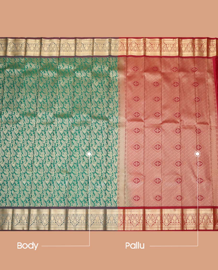 Green Budget Silk Saree, Accentuated with Floral Vine Design, Complemented by Contrast Traditional Zari Border, a Jaal Pallu and a Contrast Blouse