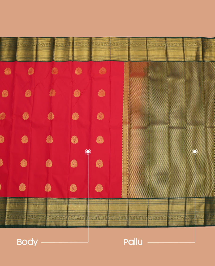 Red Budget Silk Saree, Elegantly Decked Up with Zari Buttas All Over Its Body, Complemented by a Contrast Traditional Zari Design Border, a Grand Pallu of Jaal Design, and Paired with a Contrast Blouse