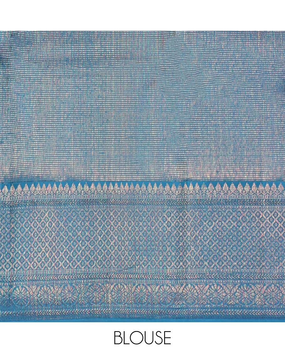 Blue striped kancheepuram silk saree with self zari design border & traditional zari design pallu