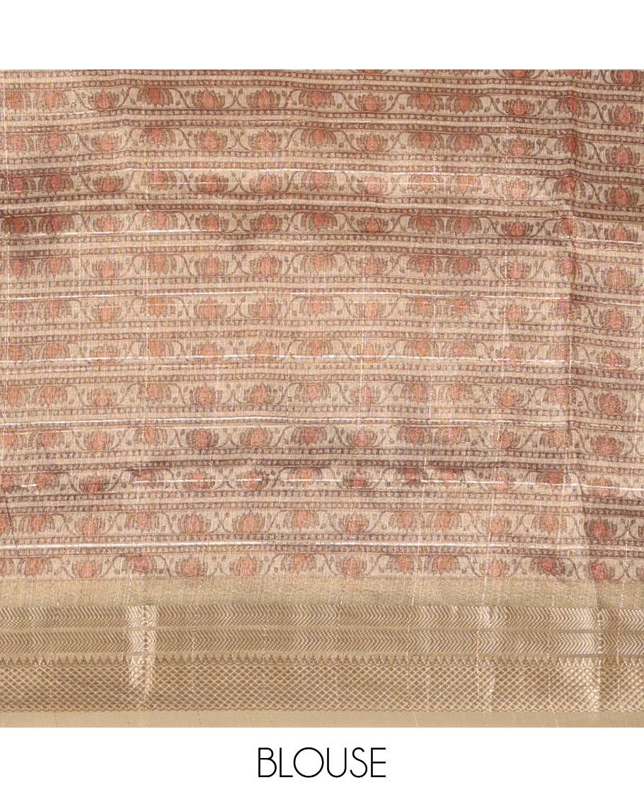 Brown-ombre zari checked tissue saree, gold zari design border, Madhubani-style digital printed pallu & Madhubani printed blouse