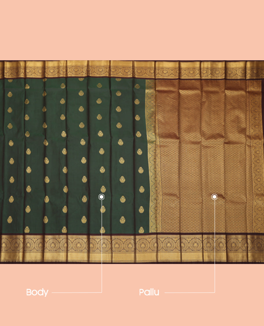 Green Budget Silk Saree, Adorned with Zari Buttas, a Contrast Traditional Zari Border, a Grand Pallu and a Contrast Blouse