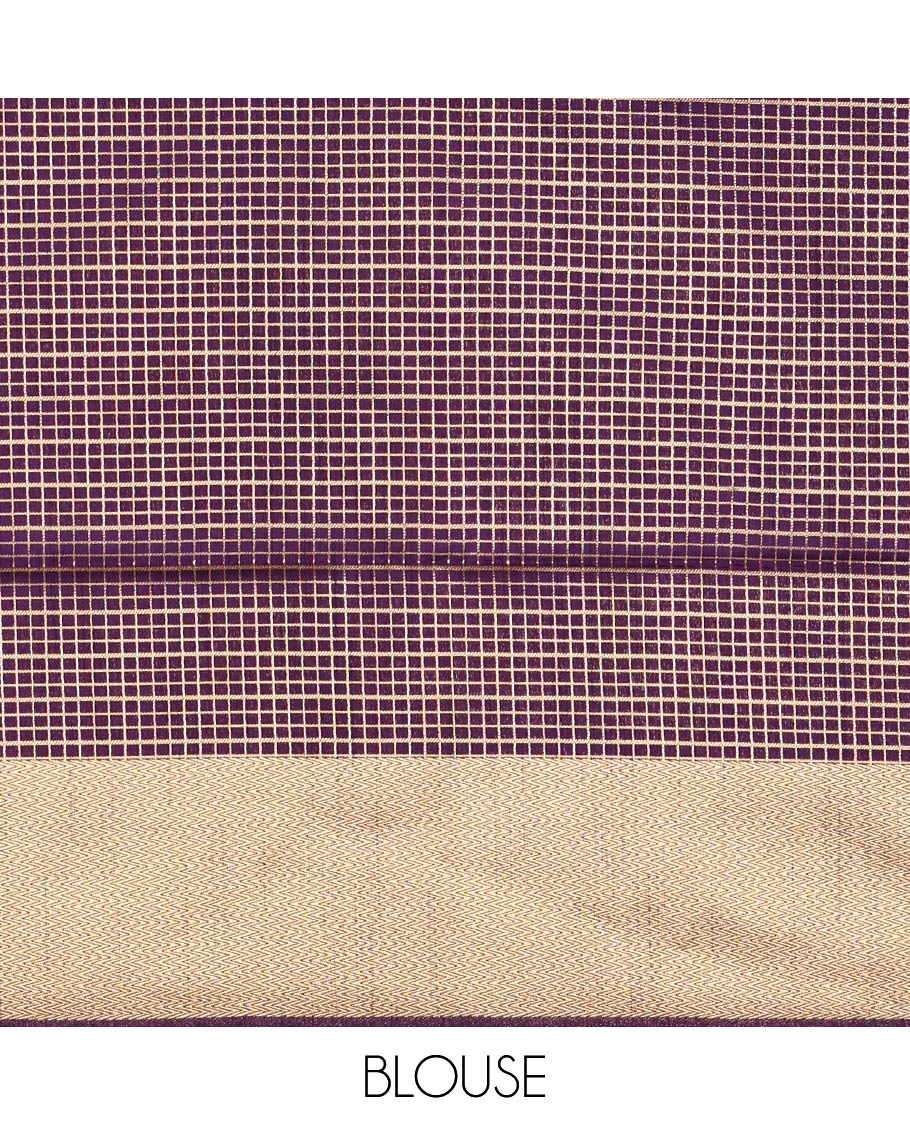 Purple zari buttas dola silk saree, vanki zari border, checked blouse & pallu of iruthalai pakshi, kuthirai, kili & yaanai designs