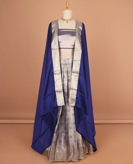 Grey floral jacquard half saree with self floral zaei design border , zari design blouse & plain, zari design border dhavani