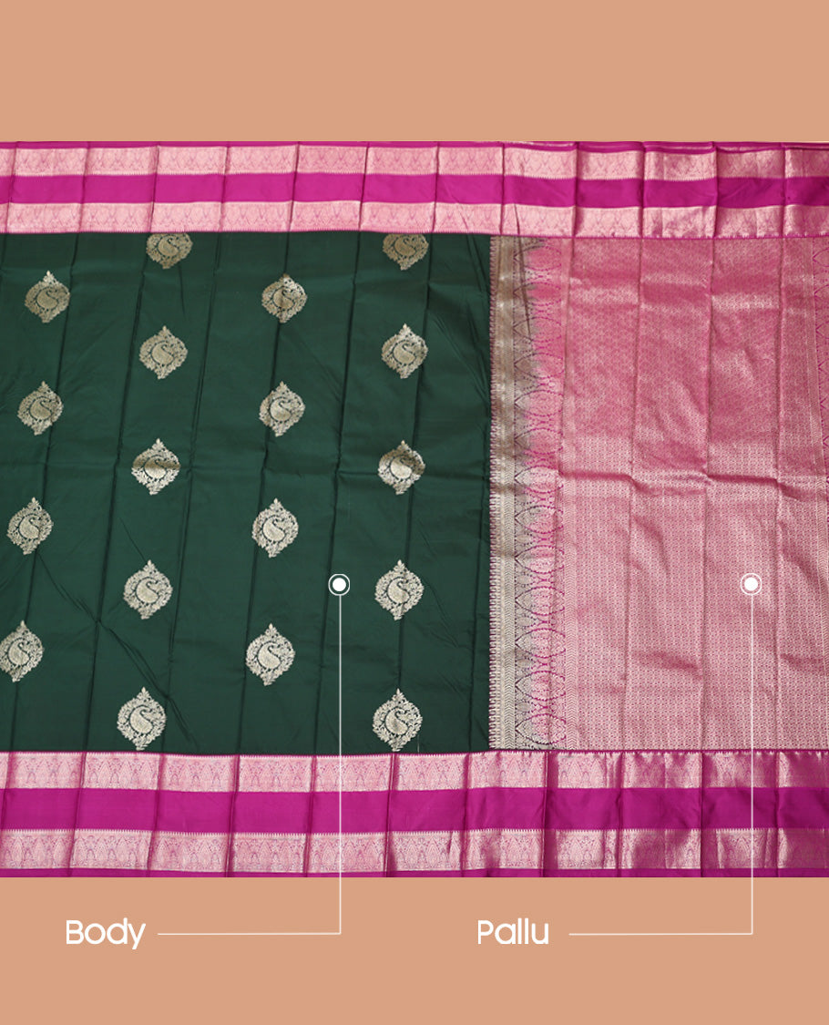 Green Budget Silk Saree, Showcasing Zari Buttas All Over Its Body, Complemented by a Contrast Traditional Zari Design Rettai Pettu Border, Grand Pallu, and Paired with a Contrast Blouse