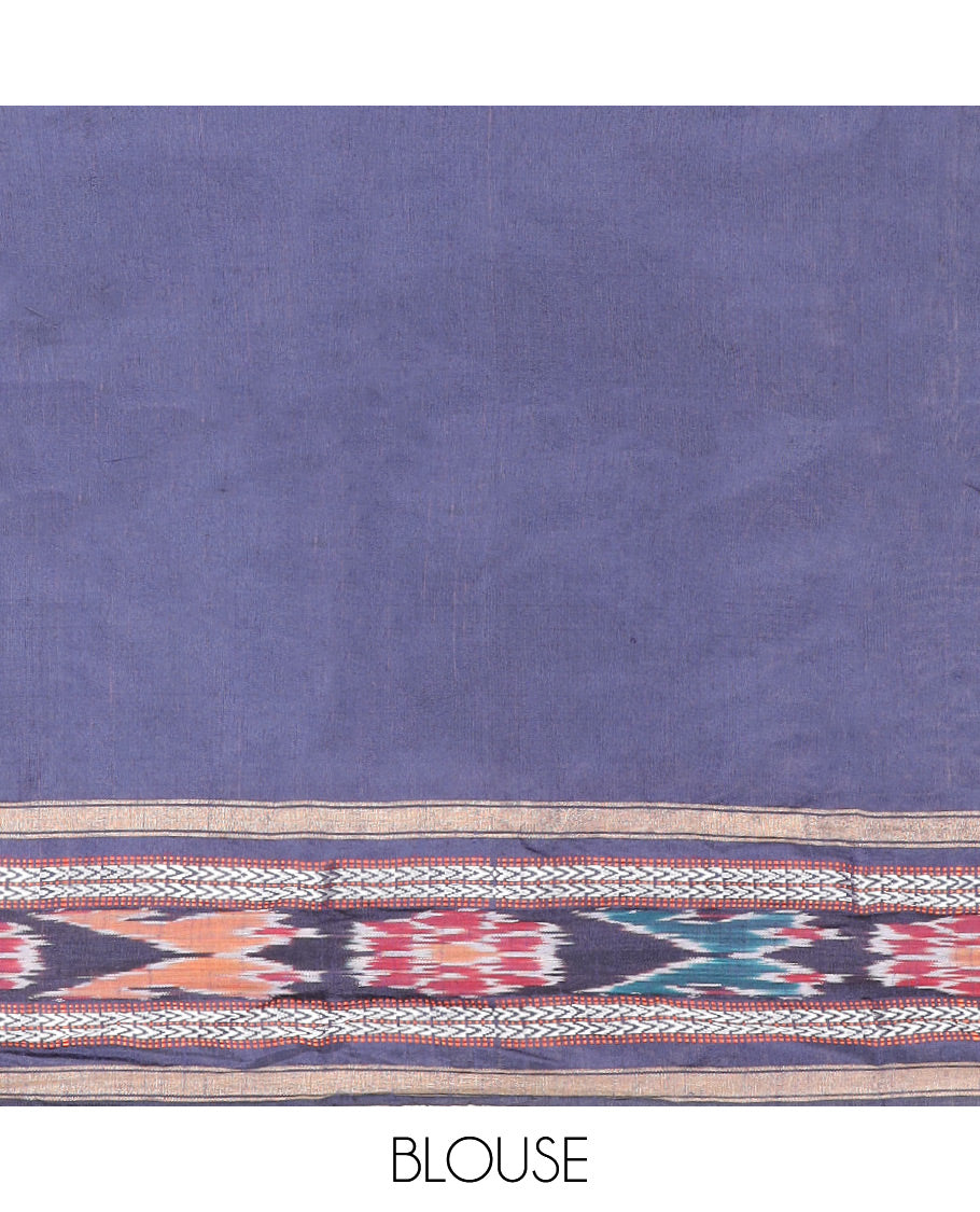 Orange Plain Dupion Silk Saree, Highlighted by a Contrast Temple Border of Geometric Patterns and Ikkat Weave, Pallu Depicting Floral Ikkat Designs, and Paired with a Contrast Blouse