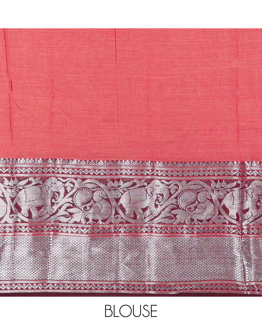 Pink plain mercerised cotton saree, contrast traditional zari border of elephant and peacock designs, striped pallu, and plain blouse