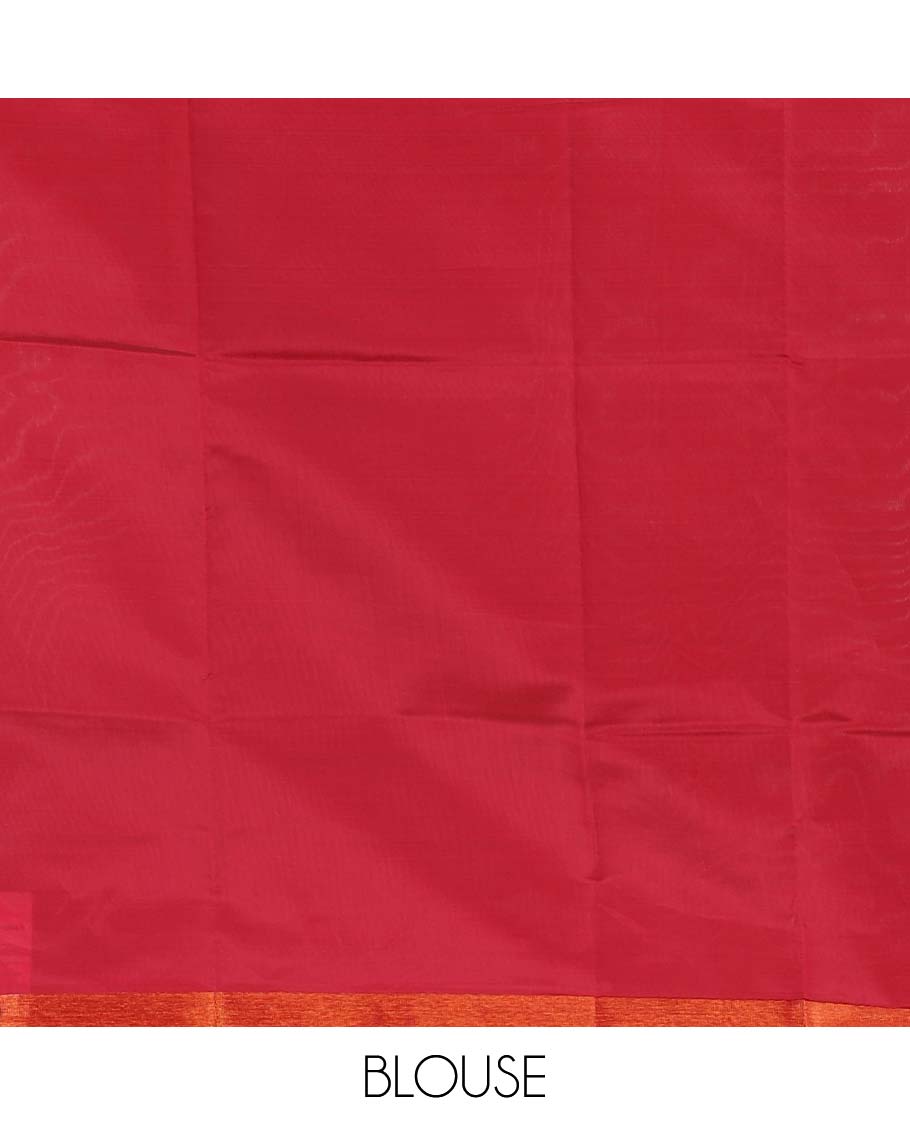Blue six-petal-like leaf motifs printed micro-silk saree, copper zari border, contrast intricate pallu & plain blouse