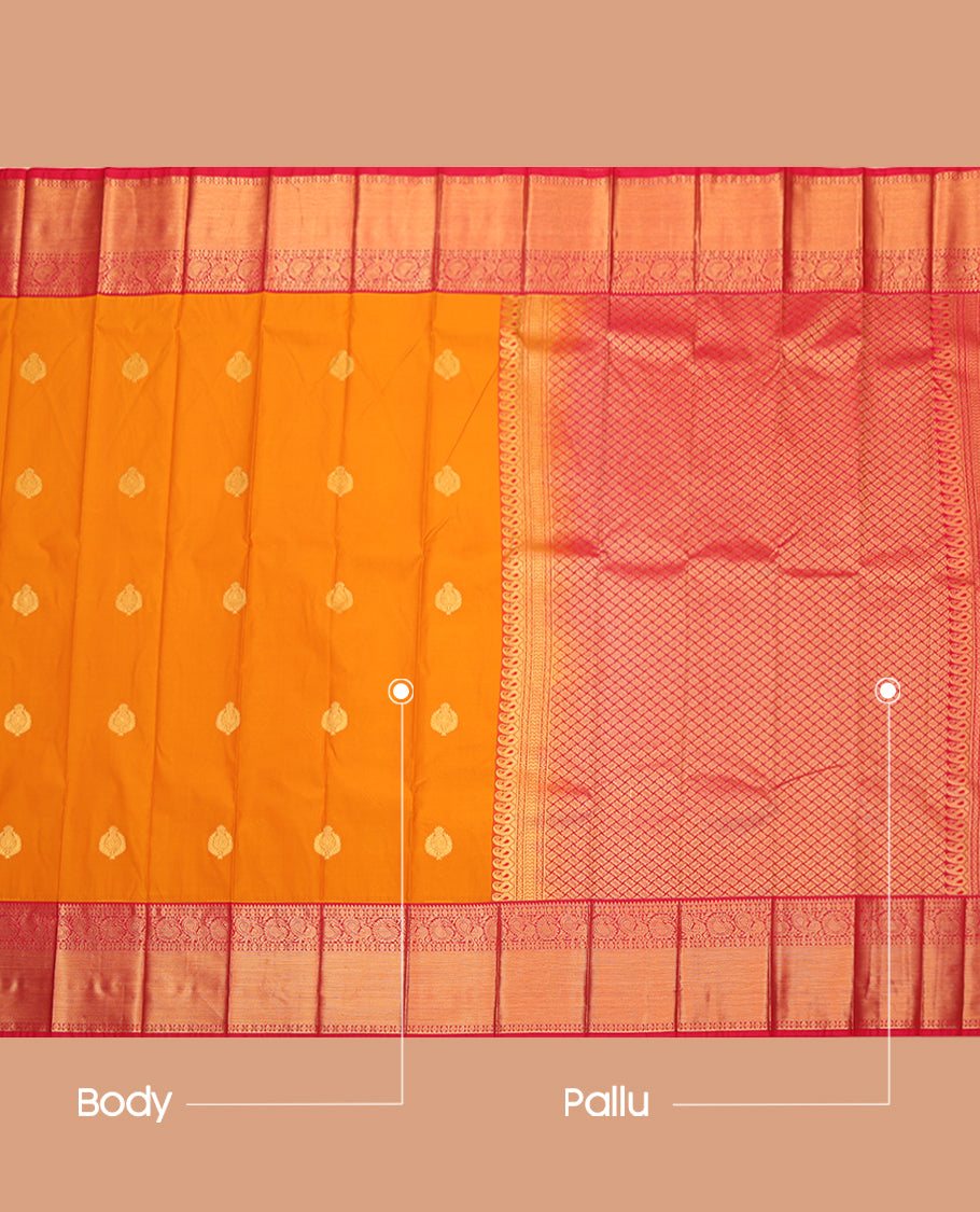 Orange Budget Silk Saree, Gleamed Up with Zari Buttas, a Contrast Traditional Zari Border, Grand Jaal Pallu, and a Contrast Blouse