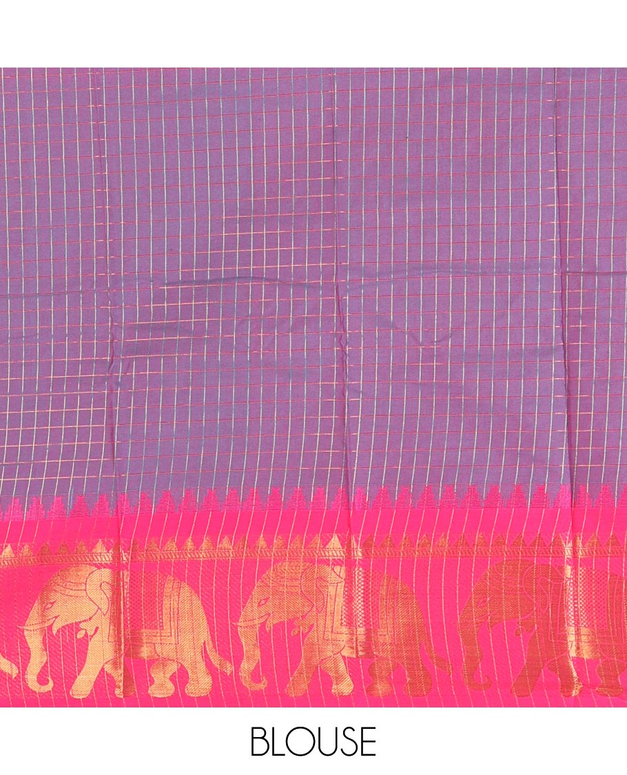Blue checked semi-tafeta saree, contrast temple zari elephant motifs border, striped pallu & matching checked zari border blouse