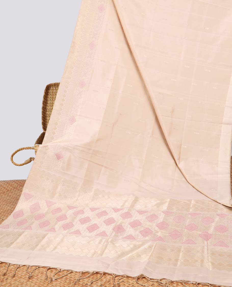 Cream small buttas soft silk saree with self zari design border & pallu of argyle pattern
