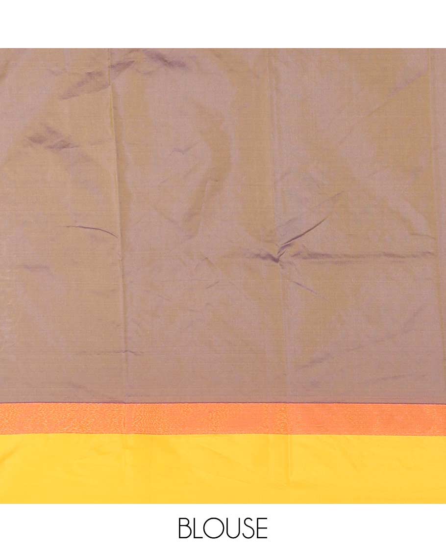 Violet-gold plus-shaped buttas steeped semi-soft silk saree, contrast satin border of stripes, striped pallu, and contrast blouse