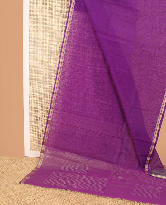 Purple checked silk cotton saree with self zari border & geometric design pallu