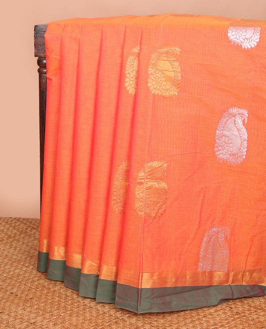 Orange paisley buttas Combatiore cotton saree, contrast plain border & pallu of paisley & chevron designs