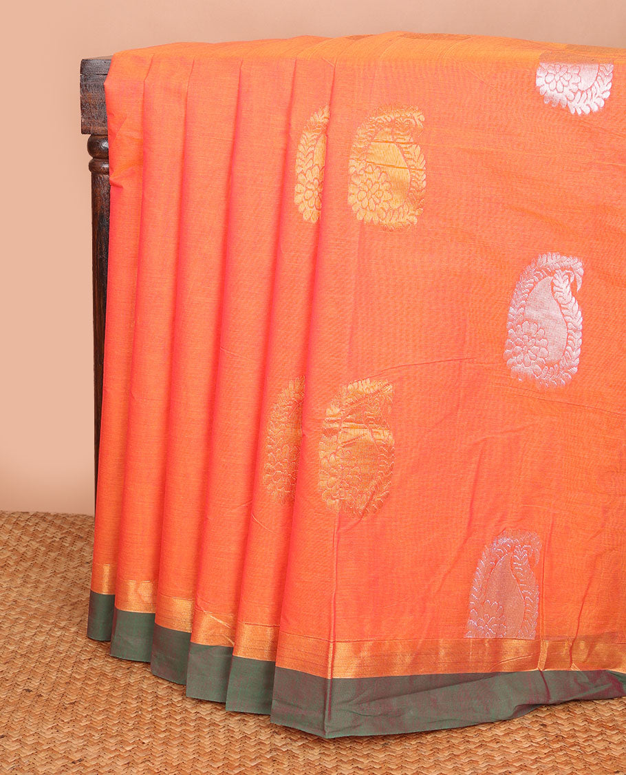 Orange paisley buttas Combatiore cotton saree, contrast plain border & pallu of paisley & chevron designs