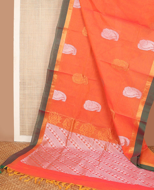 Orange paisley buttas Combatiore cotton saree, contrast plain border & pallu of paisley & chevron designs