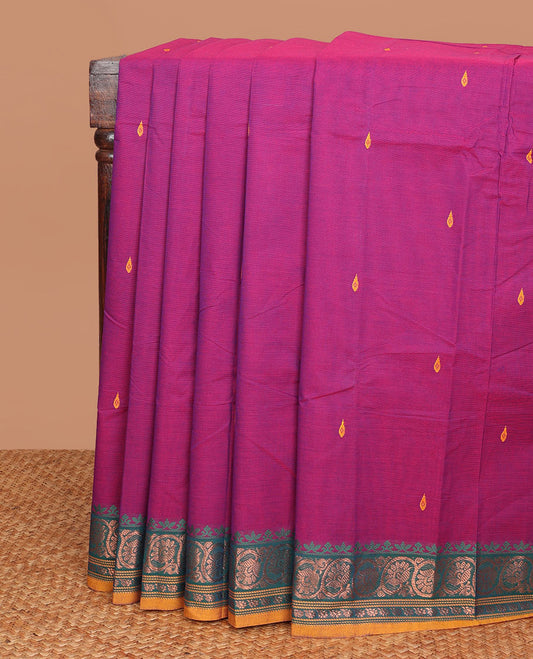Rani pink buttas Chettinad cotton saree, contrast floral creeper zari design border & pallu of stripes