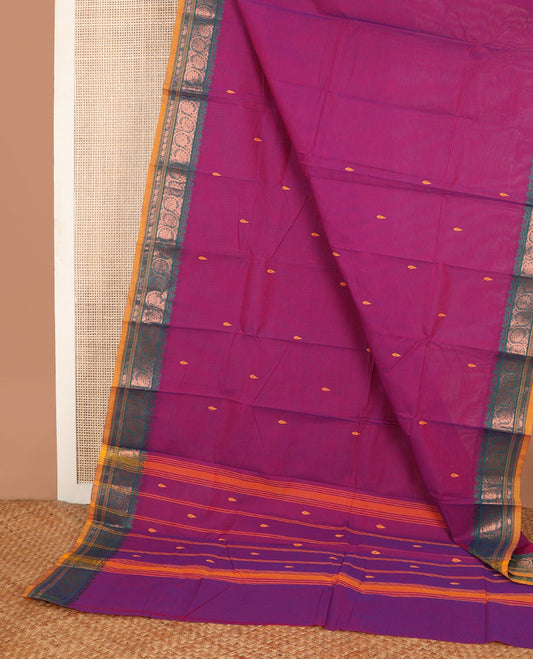 Rani pink buttas Chettinad cotton saree, contrast floral creeper zari design border & pallu of stripes