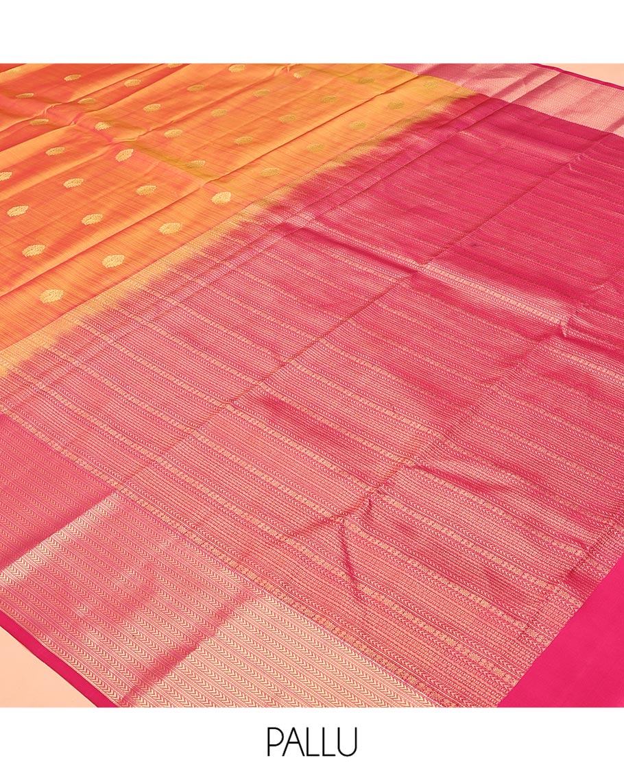 Orange Vasundhara Silk Mix Saree, Decked Up with Zari Buttas All Over Its Body, Complemented by Contrast Border of Muthu and Kathir Designs, Geometric Patterned Pallu and Paired with a Contrast Blouse